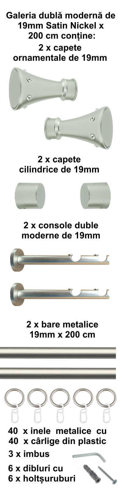 Galerie Metalică Sigma, dublă, modernă, cu inele, 19mm, satin nichel (argintiu mat)