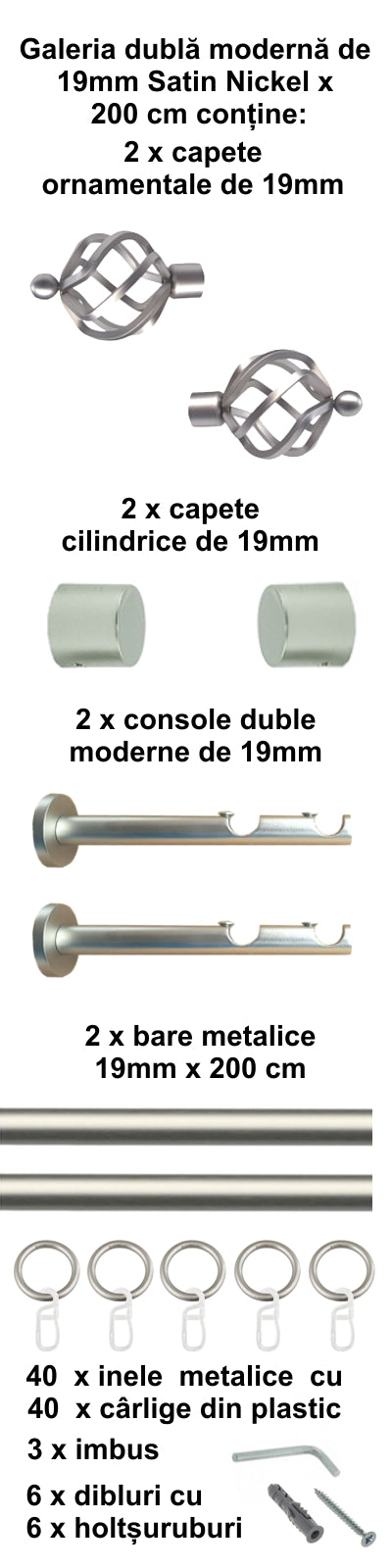Galerie Metalică Torso, dublă, modernă, cu inele, 19mm, satin nichel (argintiu mat)