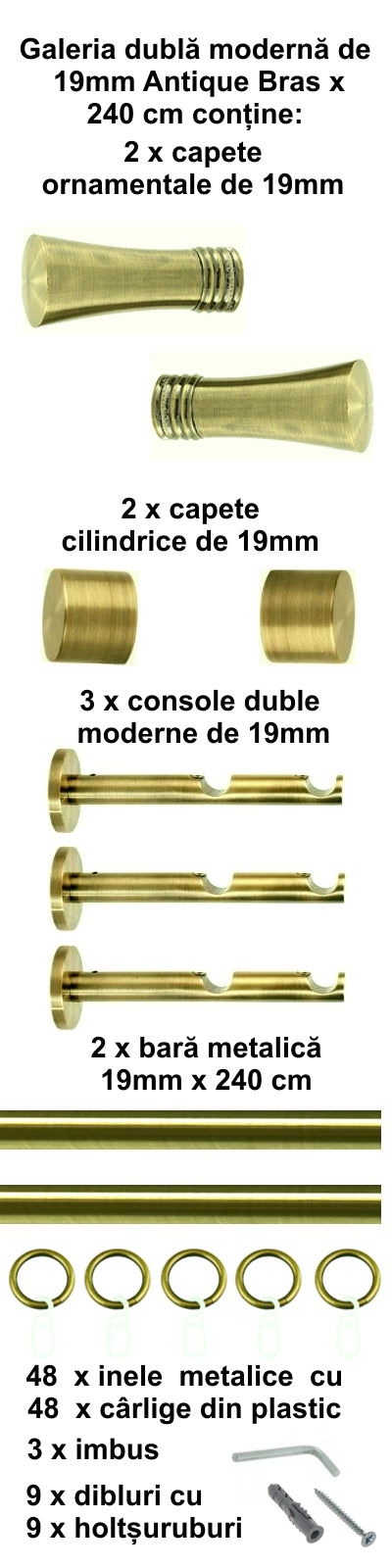 Galerie Metalică Ahile, dublă, modernă, cu inele, 19mm, antique brass (auriu antic)