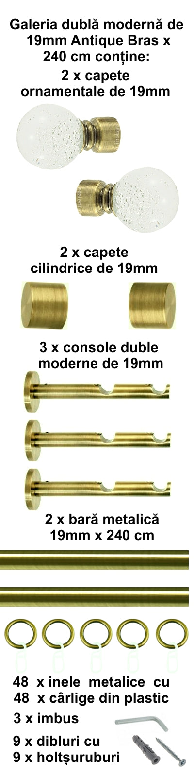 Galerie Metalică Buble, dublă, modernă, cu inele, 19mm, antique brass (auriu antic)
