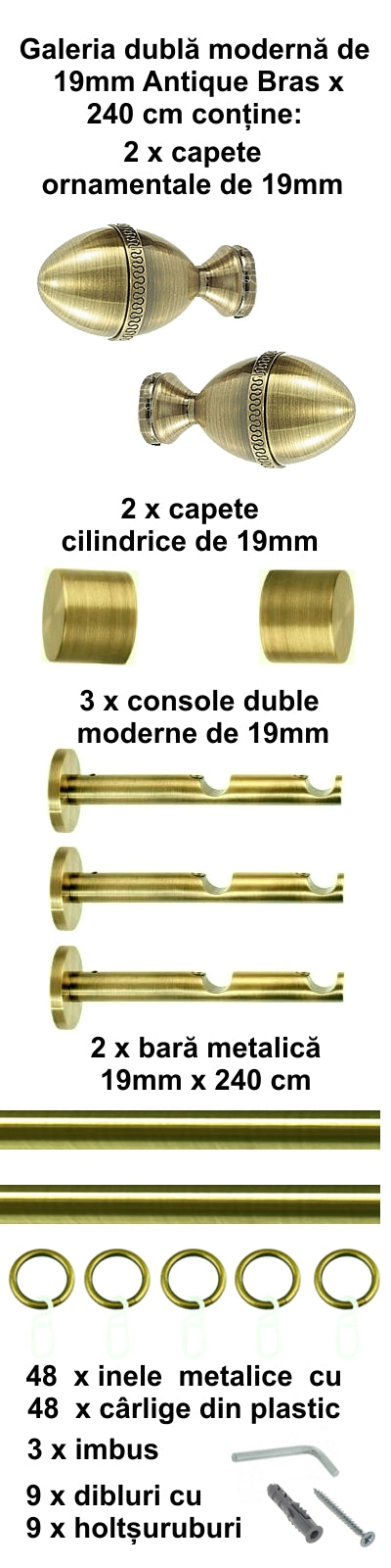 Galerie Metalică Cezar, dublă, modernă, cu inele, 19mm, antique brass (auriu antic)