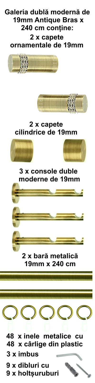 Galerie Metalică Dios, dublă, modernă, cu inele, 19mm, antique brass (auriu antic)