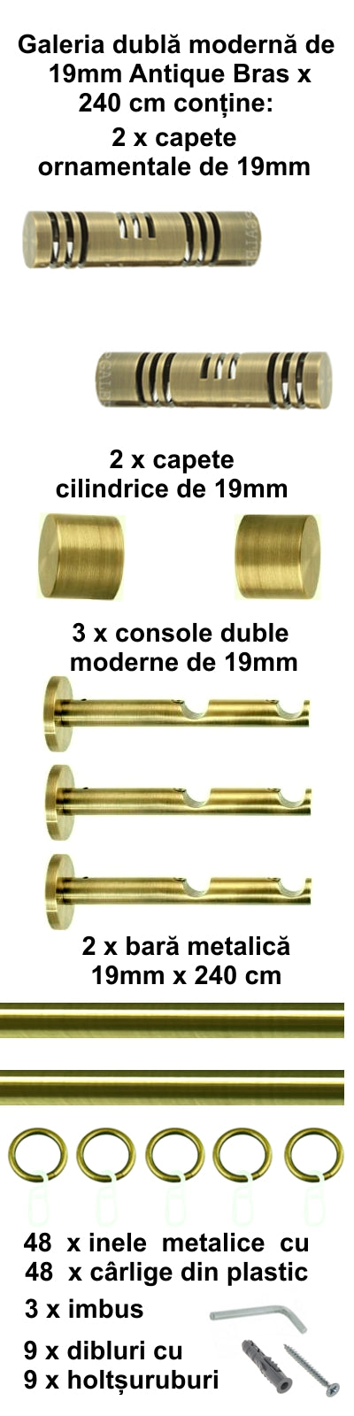 Galerie Metalică Elis, dublă, modernă, cu inele, 19mm, antique brass (auriu antic)