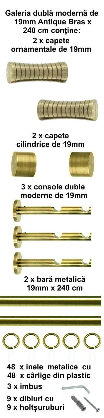 Galerie Metalică Febris, dublă, modernă, cu inele, 19mm, antique brass (auriu antic)