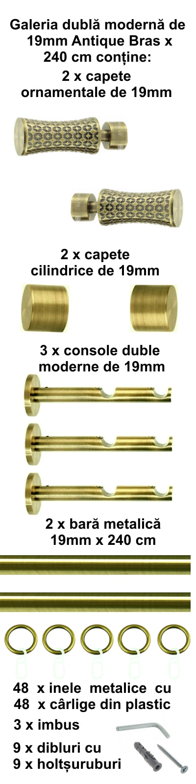 Galerie Metalică Jaris, dublă, modernă, cu inele, 19mm, antique brass (auriu antic)