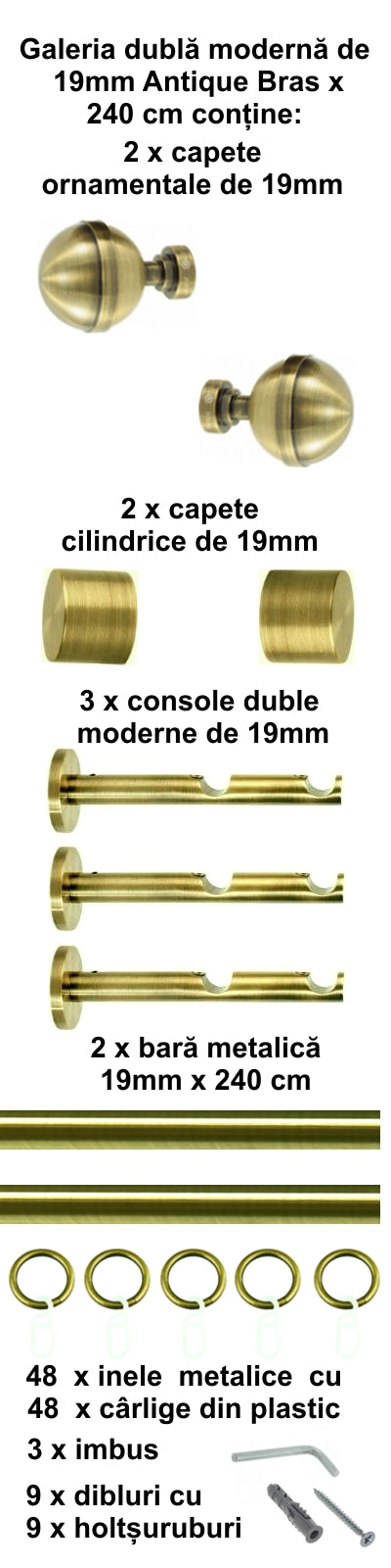 Galerie Metalică Kalisto, dublă, modernă, cu inele, 19mm, antique brass (auriu antic)