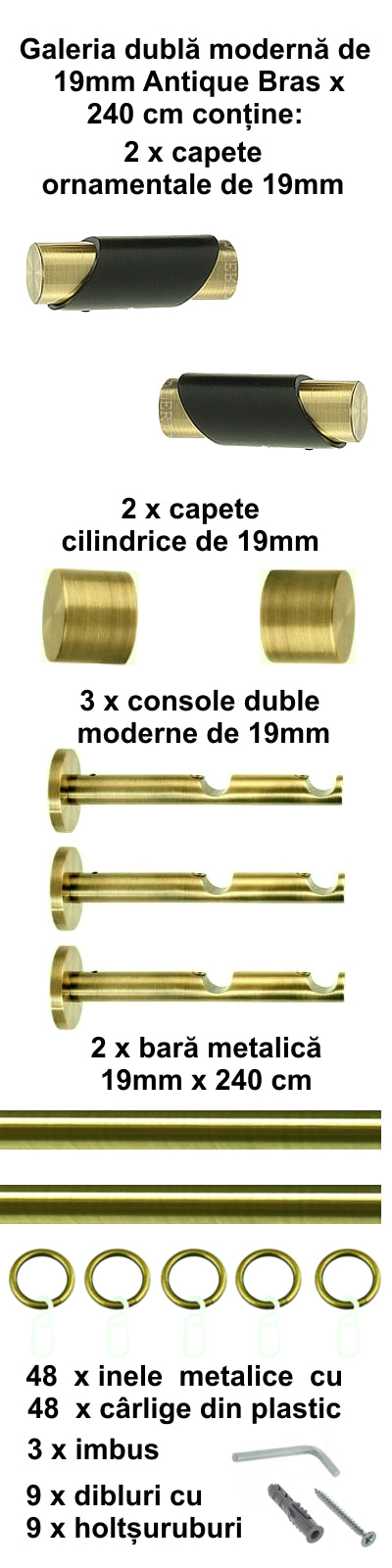 Galerie Metalică Paris, dublă, modernă, cu inele, 19mm, antique brass (auriu antic)