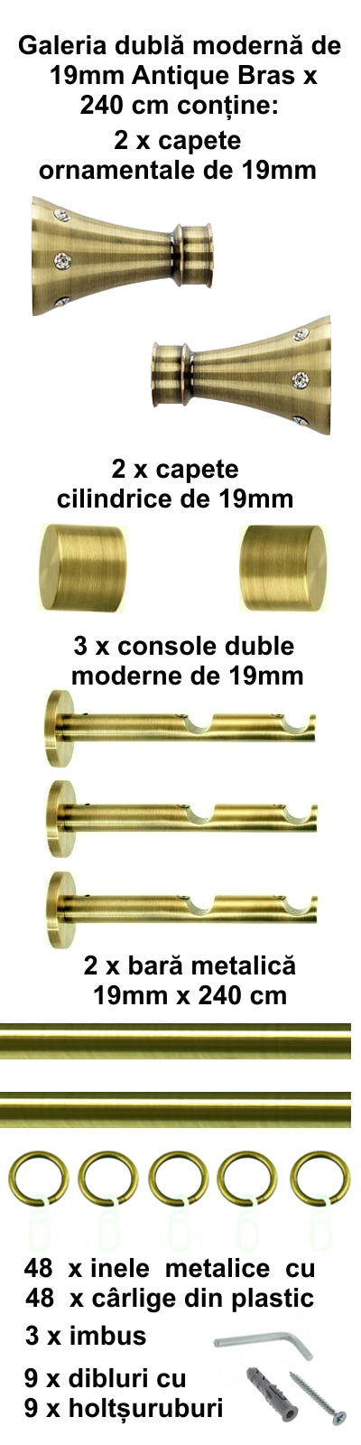 Galerie Metalică Sigma, dublă, modernă, cu inele, 19mm, antique brass (auriu antic)