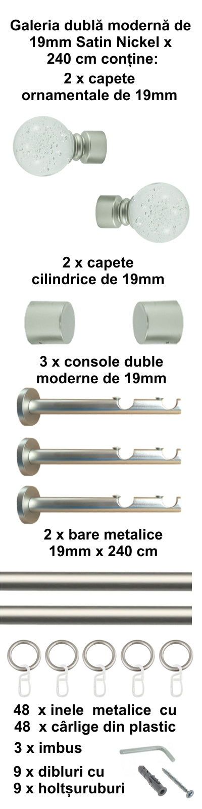 Galerie Metalică Buble, dublă, modernă, cu inele, 19mm, satin nichel (argintiu mat)