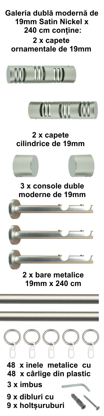 Galerie Metalică Elis, dublă, modernă, cu inele, 19mm, satin nichel (argintiu mat)