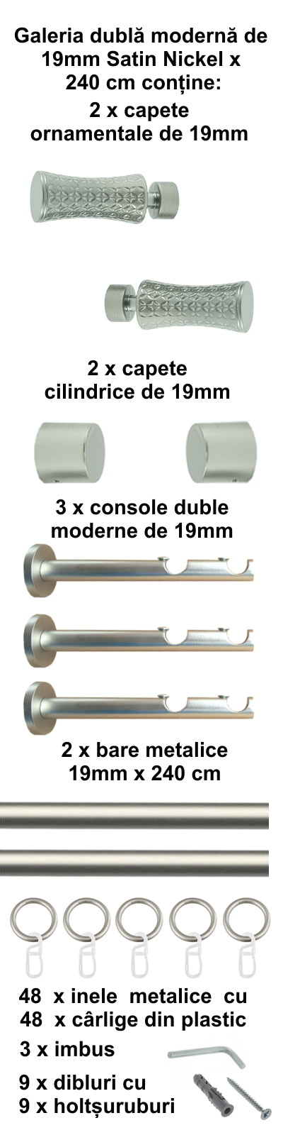 Galerie Metalică Jaris, dublă, modernă, cu inele, 19mm, satin nichel (argintiu mat)