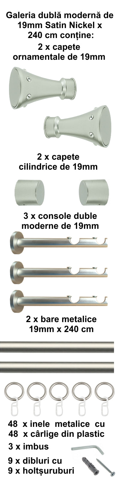 Galerie Metalică Sigma, dublă, modernă, cu inele, 19mm, satin nichel (argintiu mat)