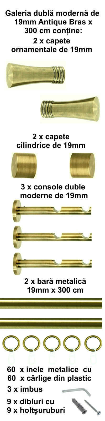 Galerie Metalică Ahile, dublă, modernă, cu inele, 19mm, antique brass (auriu antic)