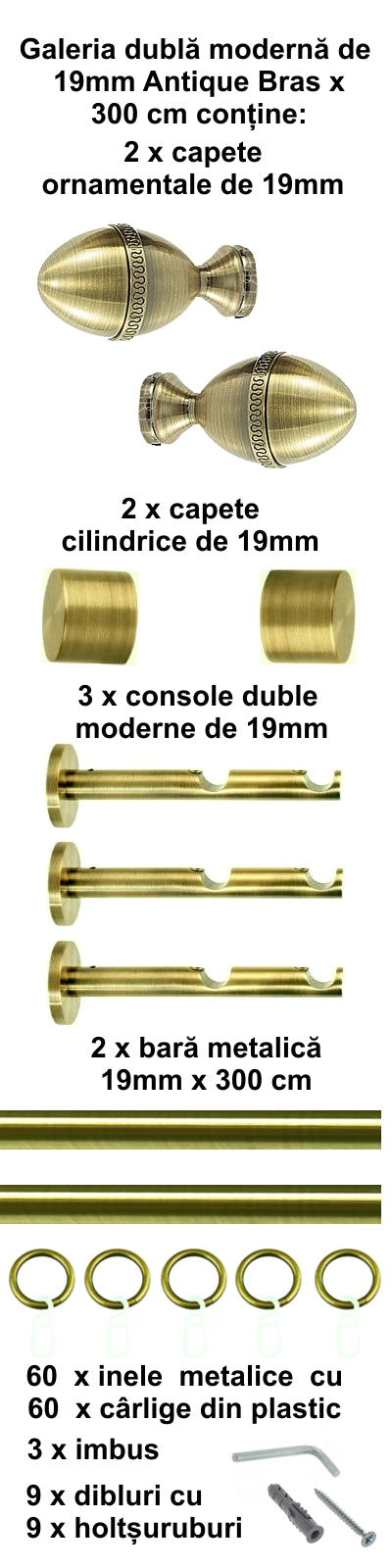 Galerie Metalică Cezar, dublă, modernă, cu inele, 19mm, antique brass (auriu antic)