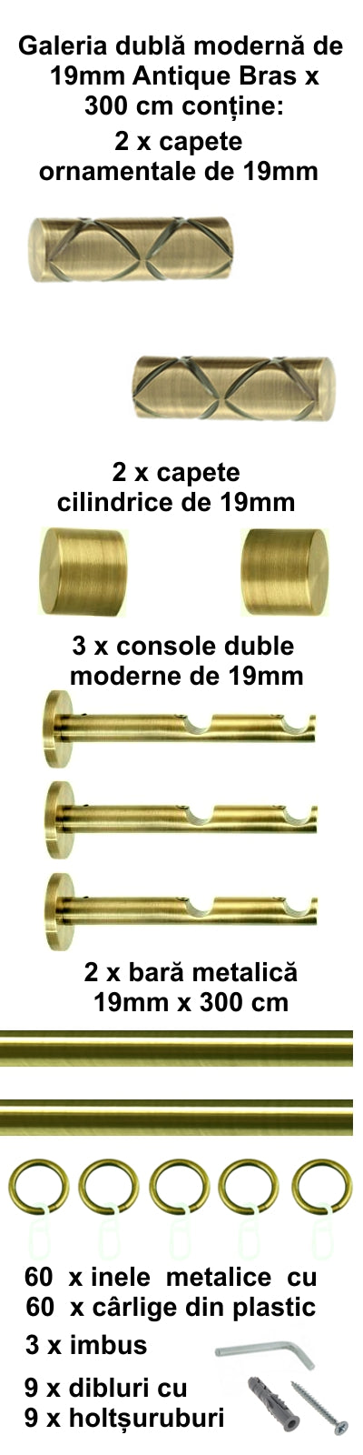 Galerie Metalică Ciel, dublă, modernă, cu inele, 19mm, antique brass (auriu antic)