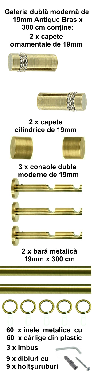 Galerie Metalică Dios, dublă, modernă, cu inele, 19mm, antique brass (auriu antic)