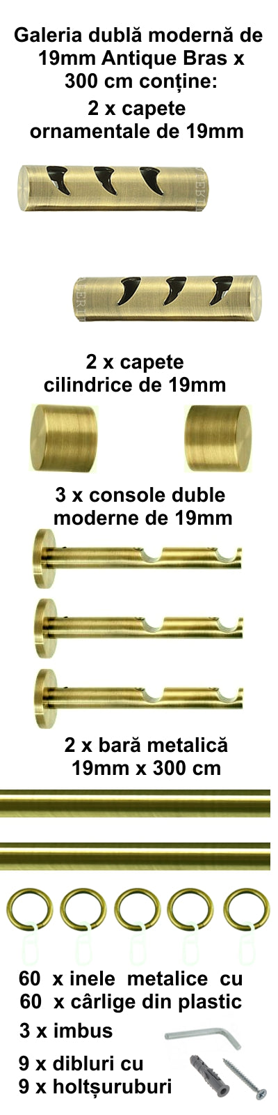 Galerie Metalică Drop, dublă, modernă, cu inele, 19mm, antique brass (auriu antic)