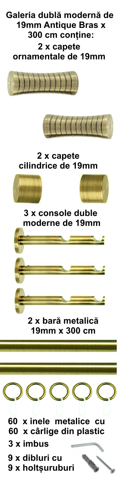 Galerie Metalică Febris, dublă, modernă, cu inele, 19mm, antique brass (auriu antic)