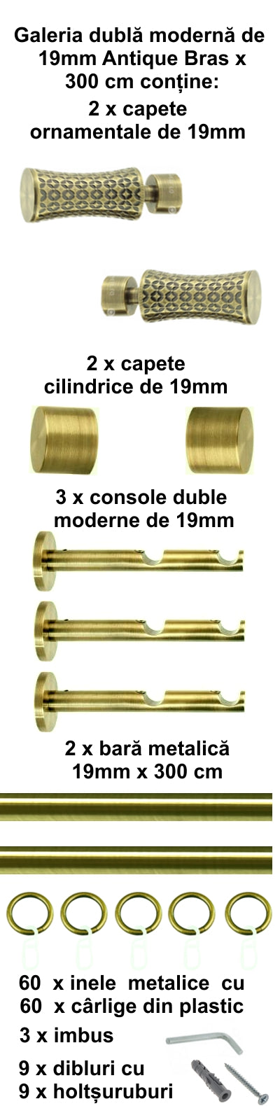 Galerie Metalică Jaris, dublă, modernă, cu inele, 19mm, antique brass (auriu antic)