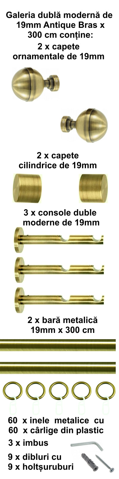 Galerie Metalică Kalisto, dublă, modernă, cu inele, 19mm, antique brass (auriu antic)