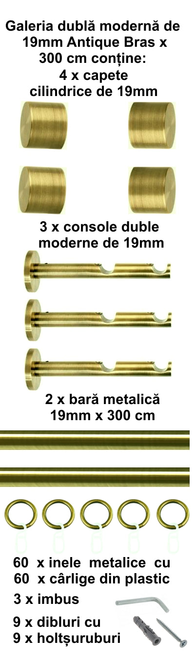 Galerie Metalică Luna, dublă, modernă, cu inele, 19mm, antique brass (auriu antic)