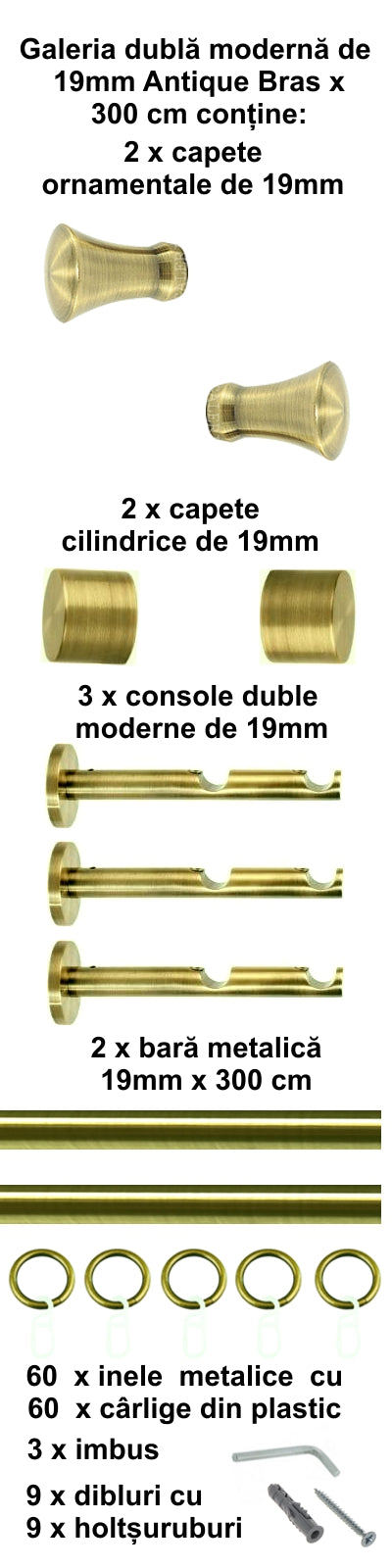 Galerie Metalică Monaco, dublă, modernă, cu inele, 19mm, antique brass (auriu antic)