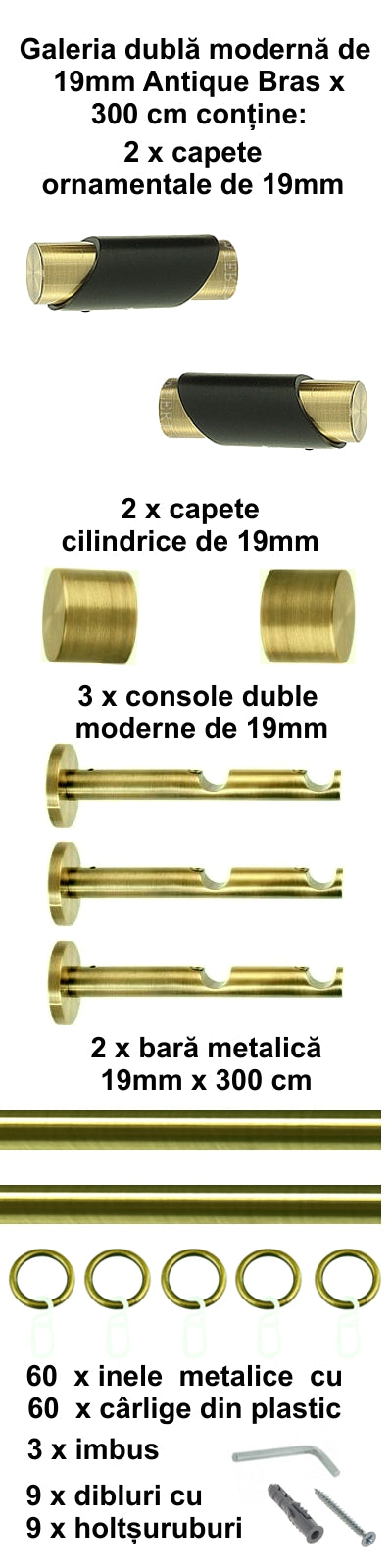 Galerie Metalică Paris, dublă, modernă, cu inele, 19mm, antique brass (auriu antic)