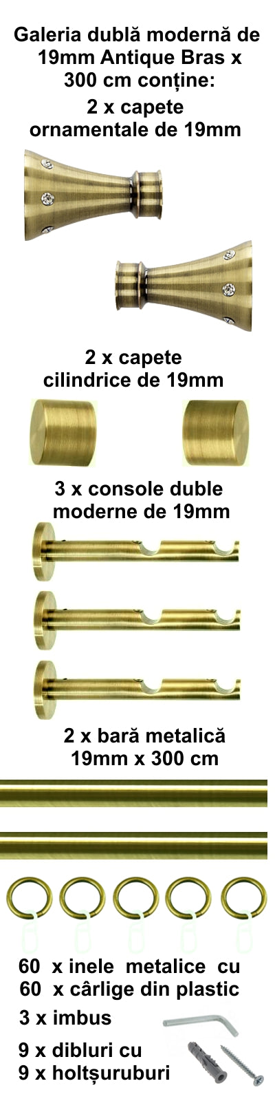 Galerie Metalică Sigma, dublă, modernă, cu inele, 19mm, antique brass (auriu antic)