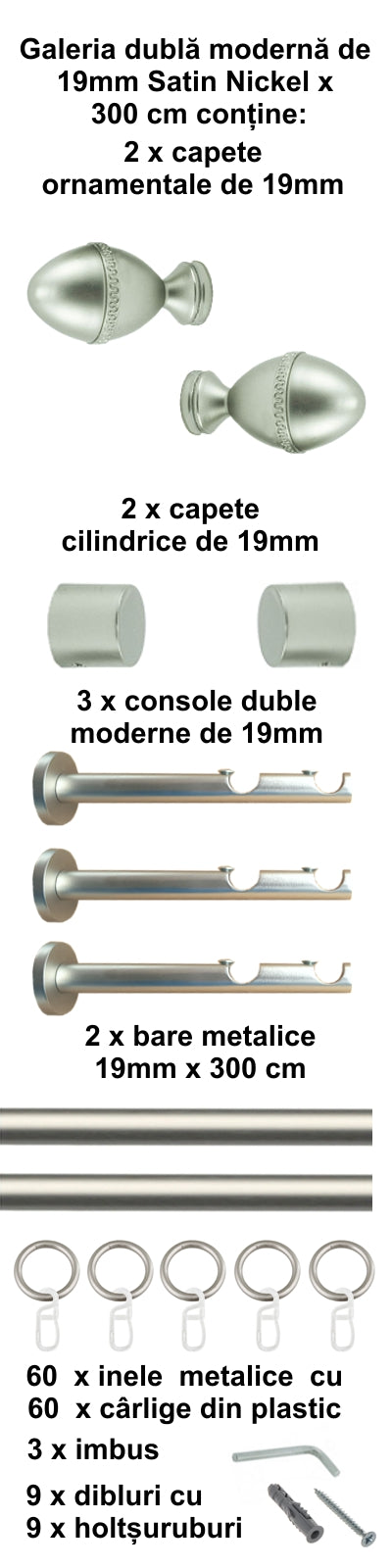 Galerie Metalică Cezar, dublă, modernă, cu inele, 19mm, satin nichel (argintiu mat)