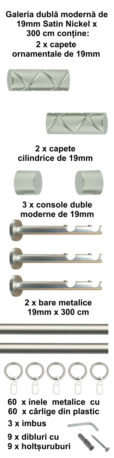 Galerie Metalică Ciel, dublă, modernă, cu inele, 19mm, satin nichel (argintiu mat)