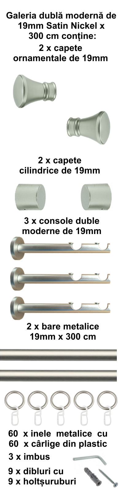Galerie Metalică Conic, dublă, modernă, cu inele, 19mm, satin nichel (argintiu mat)