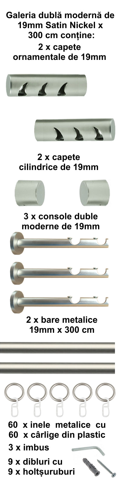Galerie Metalică Drop, dublă, modernă, cu inele, 19mm, satin nichel (argintiu mat)