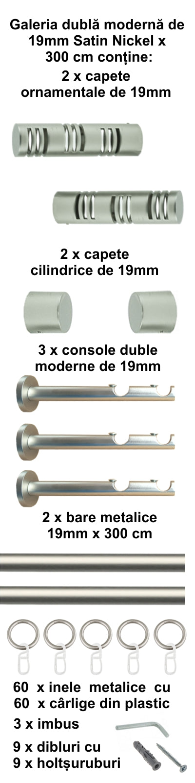 Galerie Metalică Elis, dublă, modernă, cu inele, 19mm, satin nichel (argintiu mat)