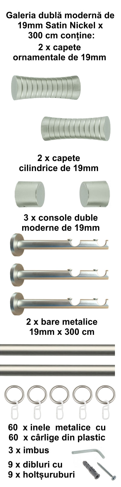 Galerie Metalică Febris, dublă, modernă, cu inele, 19mm, satin nichel (argintiu mat)