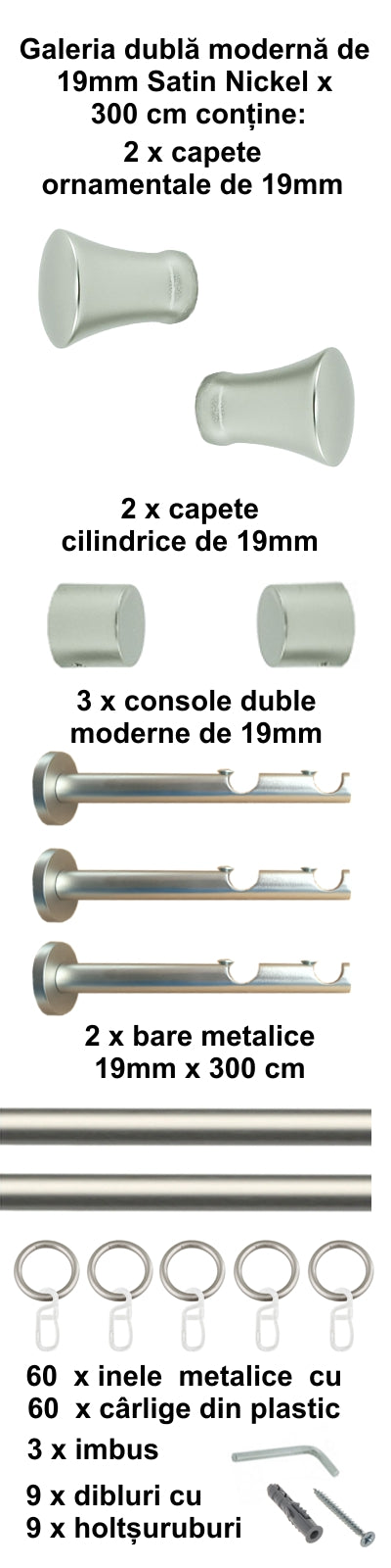 Galerie Metalică Monaco, dublă, modernă, cu inele, 19mm, satin nichel (argintiu mat)