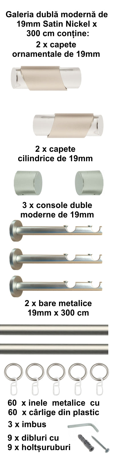Galerie Metalică Paris, dublă, modernă, cu inele, 19mm, satin nichel (argintiu mat)