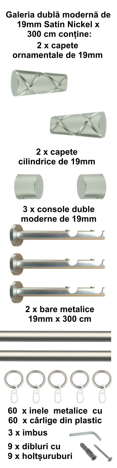Galerie Metalică Zeus, dublă, modernă, cu inele, 19mm, satin nichel (argintiu mat)