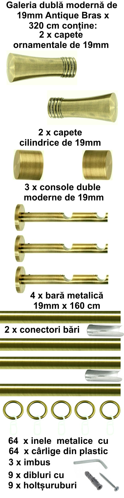 Galerie Metalică Ahile, dublă, modernă, cu inele, 19mm, antique brass (auriu antic)