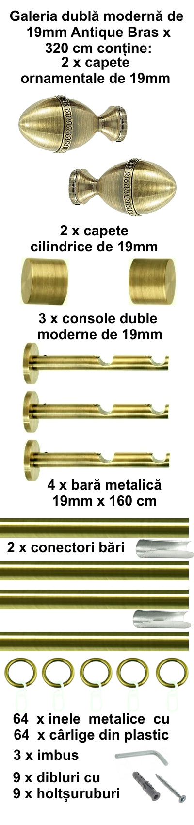 Galerie Metalică Cezar, dublă, modernă, cu inele, 19mm, antique brass (auriu antic)