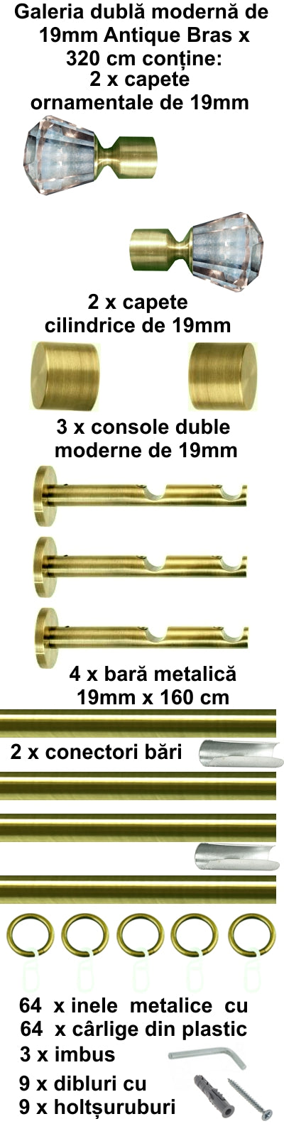 Galerie Metalică Cristal, dublă, modernă, cu inele, 19mm, antique brass (auriu antic)