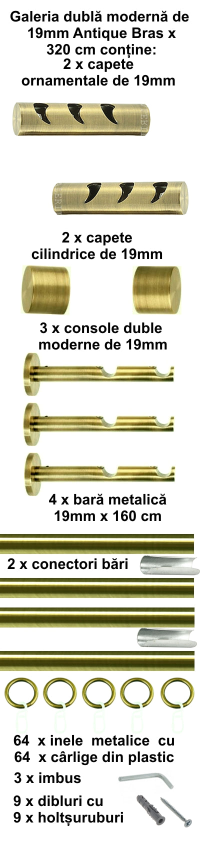 Galerie Metalică Drop, dublă, modernă, cu inele, 19mm, antique brass (auriu antic)