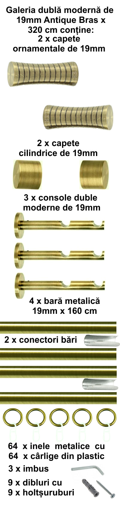 Galerie Metalică Febris, dublă, modernă, cu inele, 19mm, antique brass (auriu antic)