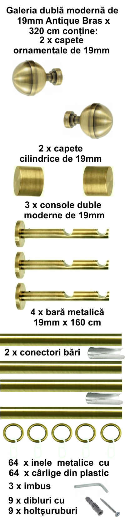 Galerie Metalică Kalisto, dublă, modernă, cu inele, 19mm, antique brass (auriu antic)