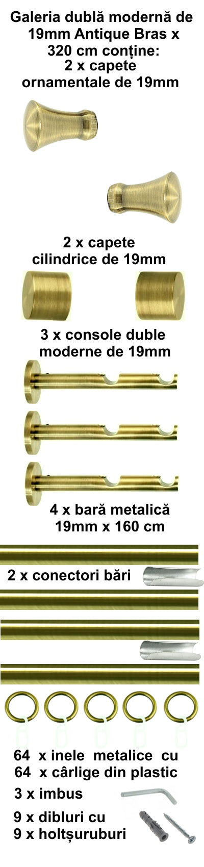 Galerie Metalică Monaco, dublă, modernă, cu inele, 19mm, antique brass (auriu antic)