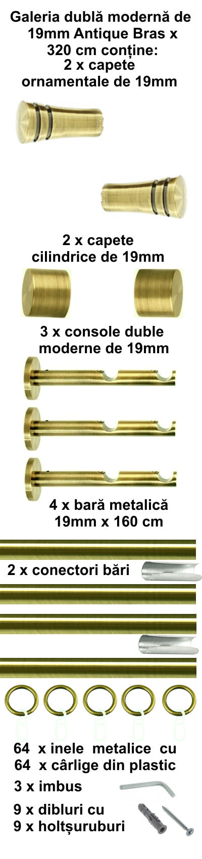 Galerie Metalică Paola, dublă, modernă, cu inele, 19mm, antique brass (auriu antic)