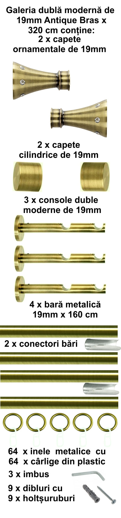 Galerie Metalică Sigma, dublă, modernă, cu inele, 19mm, antique brass (auriu antic)