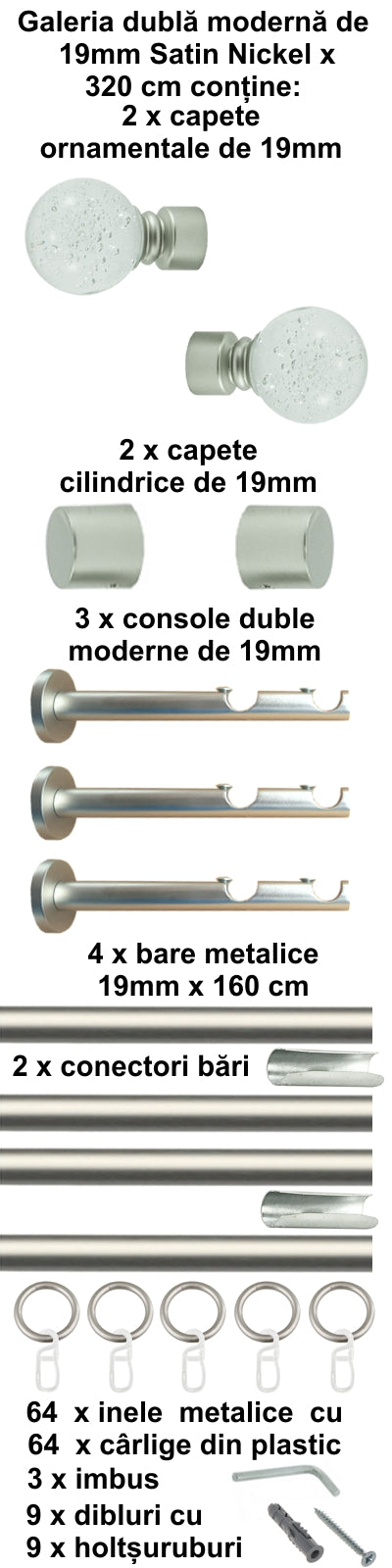 Galerie Metalică Buble, dublă, modernă, cu inele, 19mm, satin nichel (argintiu mat)