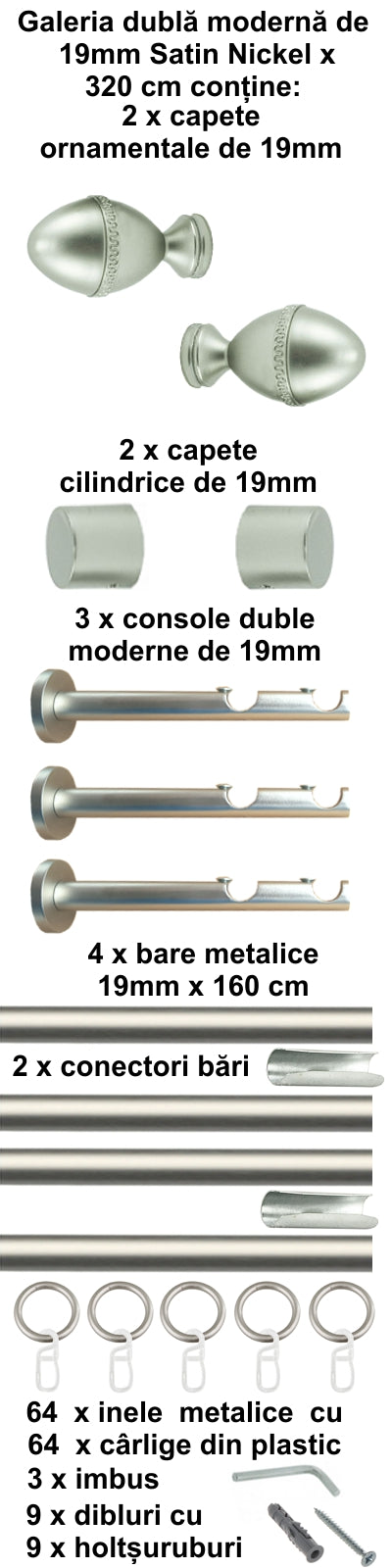 Galerie Metalică Cezar, dublă, modernă, cu inele, 19mm, satin nichel (argintiu mat)