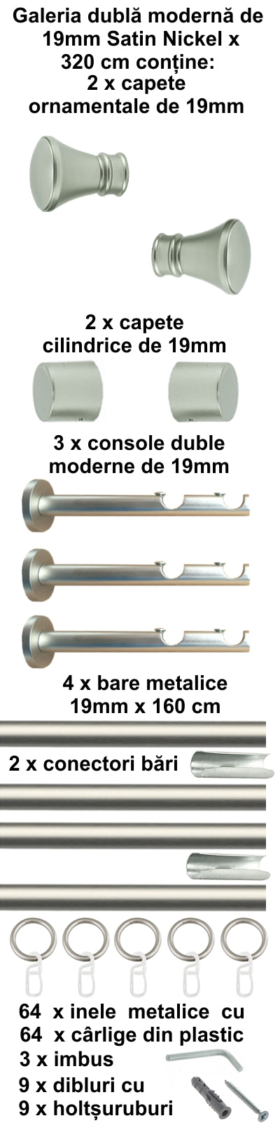 Galerie Metalică Conic, dublă, modernă, cu inele, 19mm, satin nichel (argintiu mat)