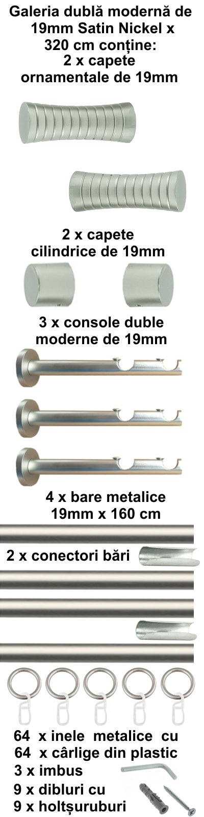 Galerie Metalică Febris, dublă, modernă, cu inele, 19mm, satin nichel (argintiu mat)